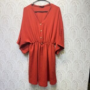 Adara Kimono Sleeve Mini Dress Womens L Rust Orange Button Front Elastic Waist